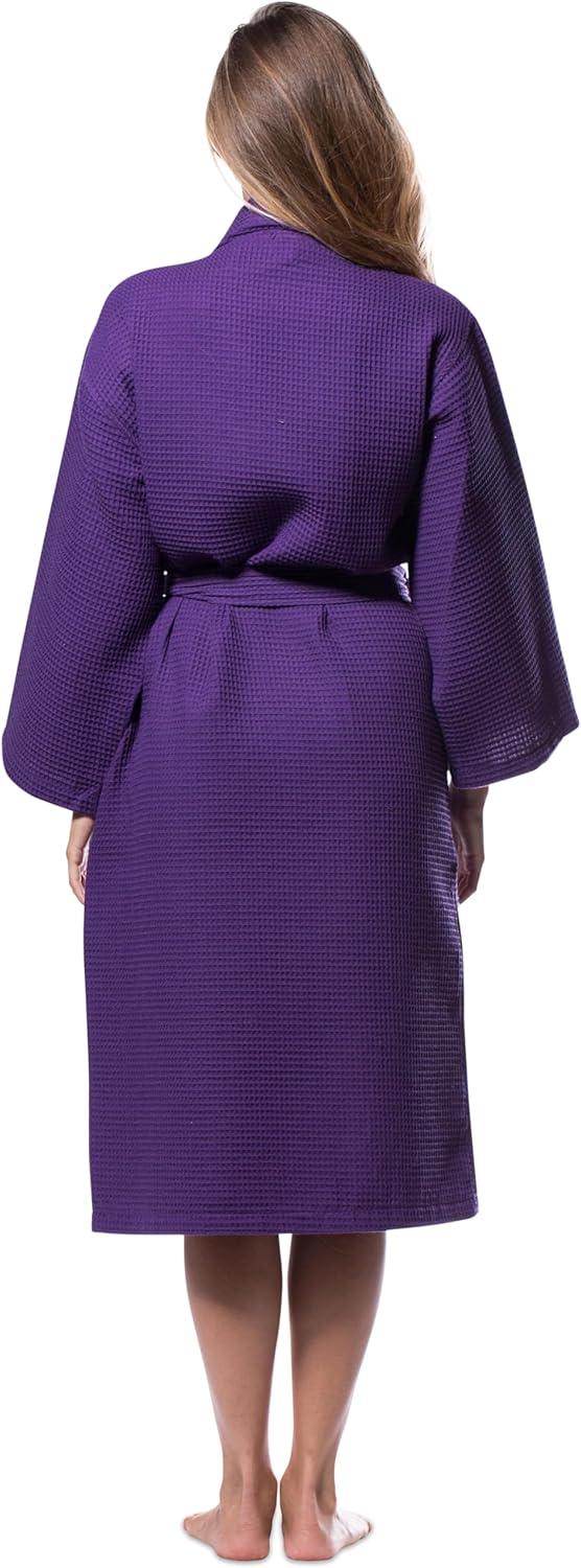 Turquaz Linen Lightweight Long Waffle Kimono Unisex Spa Robe (Small/Medium, Purple)