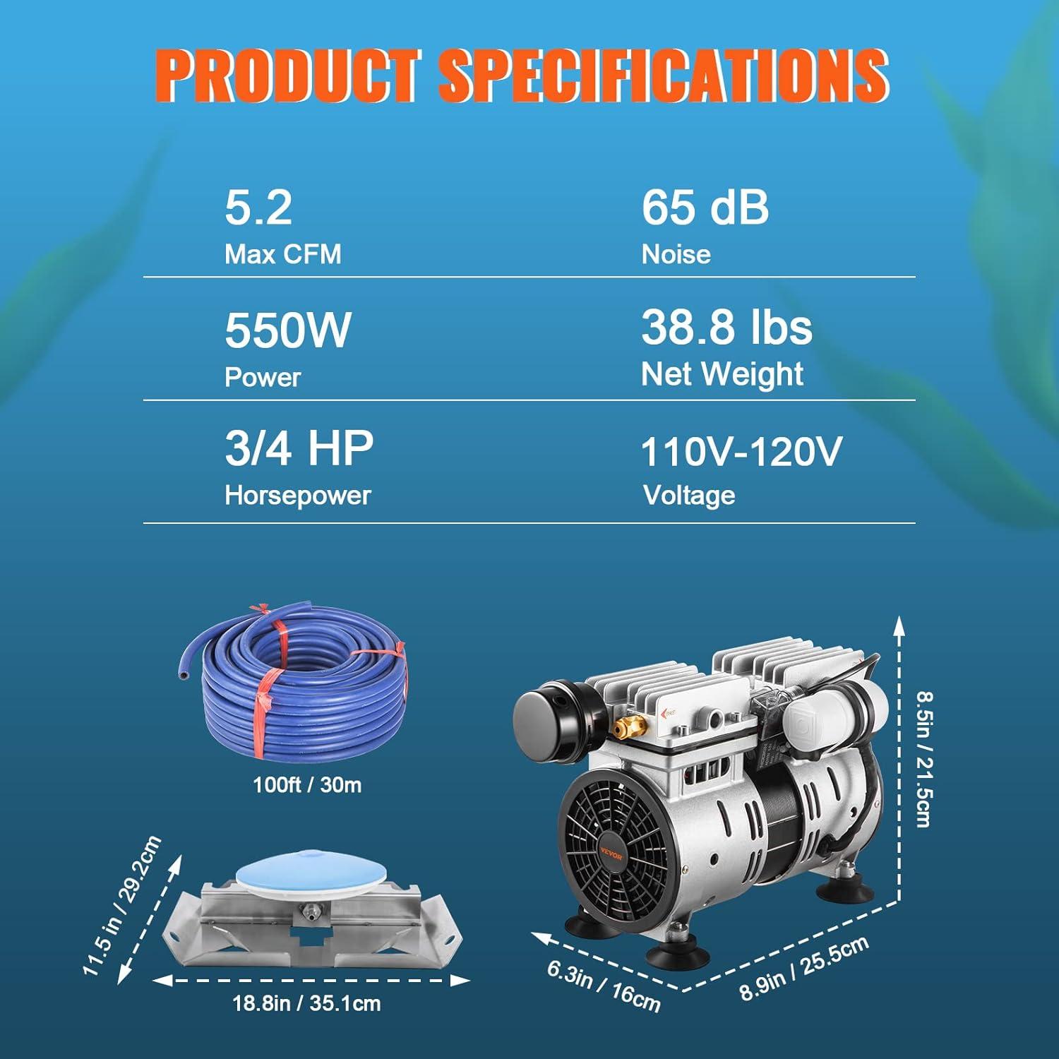 VEVOR 3/4 HP Silver Metal Pond Aerator Kit with Blue Tubing