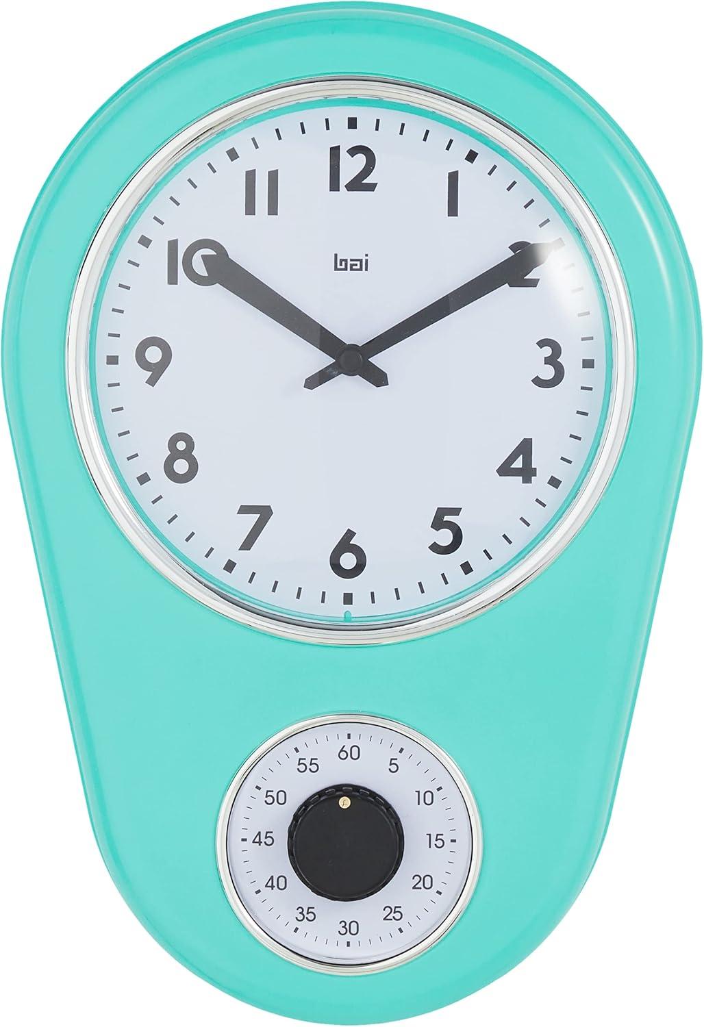 Turquoise Retro Metal and Glass Kitchen Timer Wall Clock