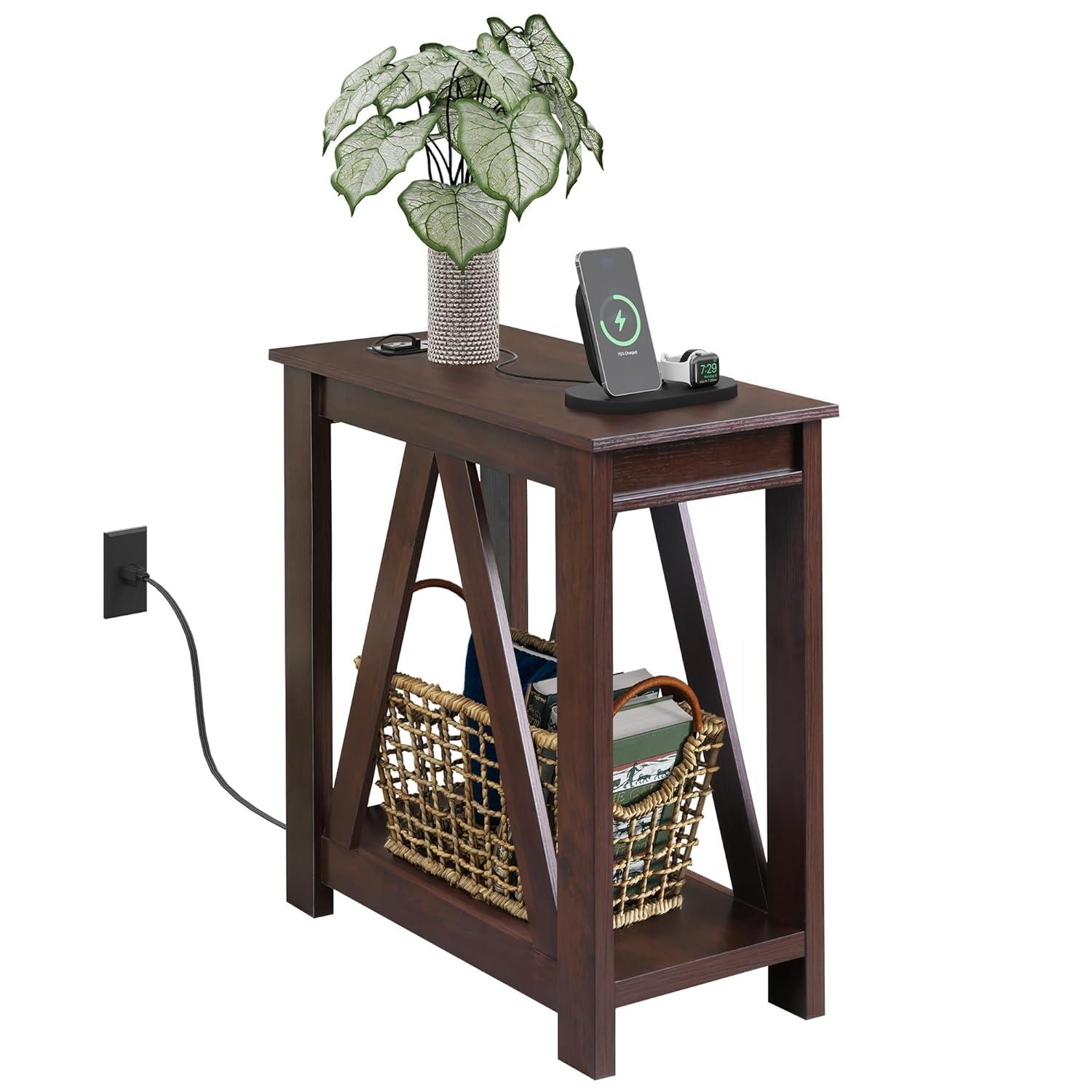 WLIVE Narrow End Table with Charging Station of Open Storage Shelf，Sofa Side Table with 2 USB Ports and 2 Power Outlets，Slim Farmhouse End Table for Small Spaces，Bedroom, Living Room, Espresso