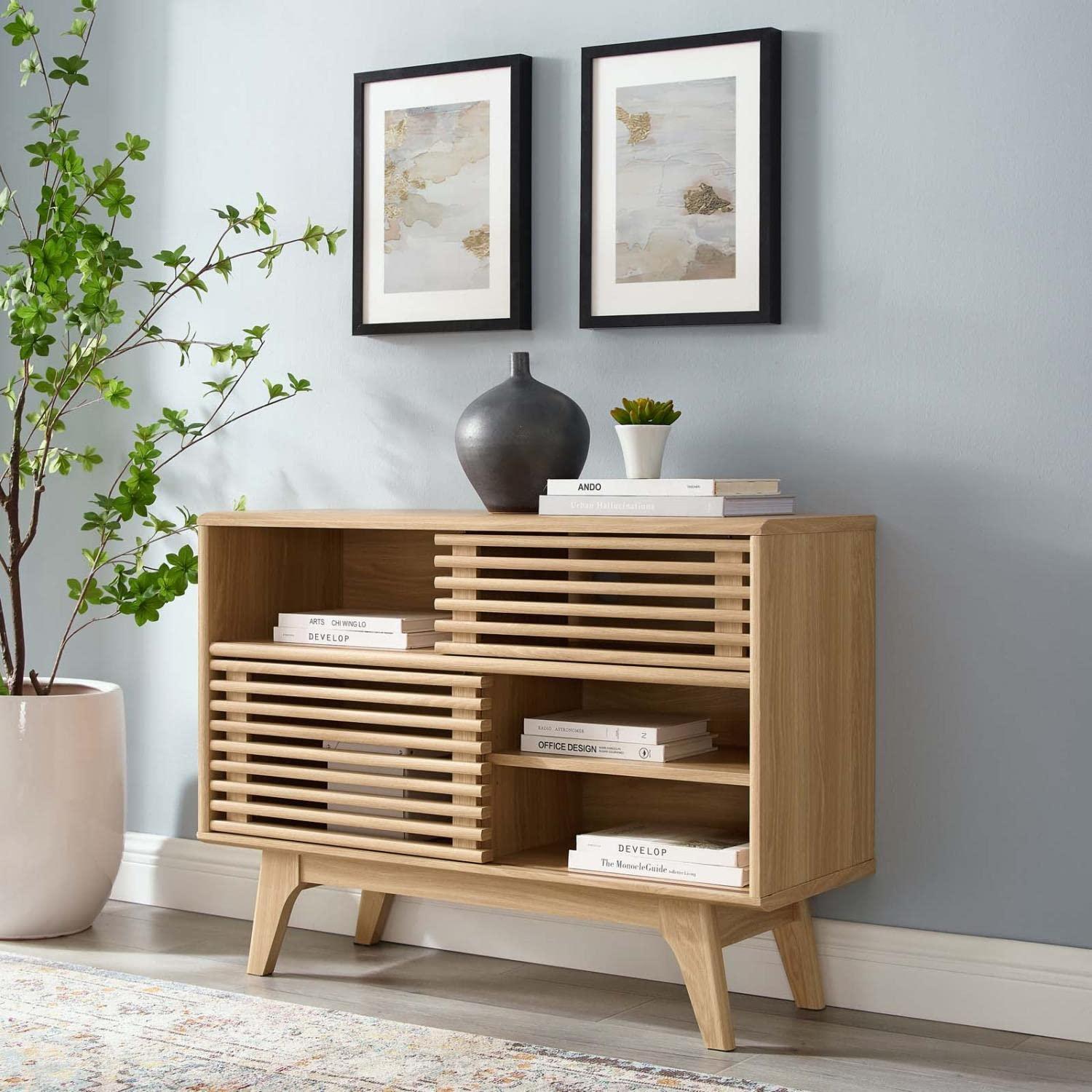 Modway Render Display TV Stand for TVs up to 48" Oak: Modern Media Console with Fixed Shelves, MDF Construction