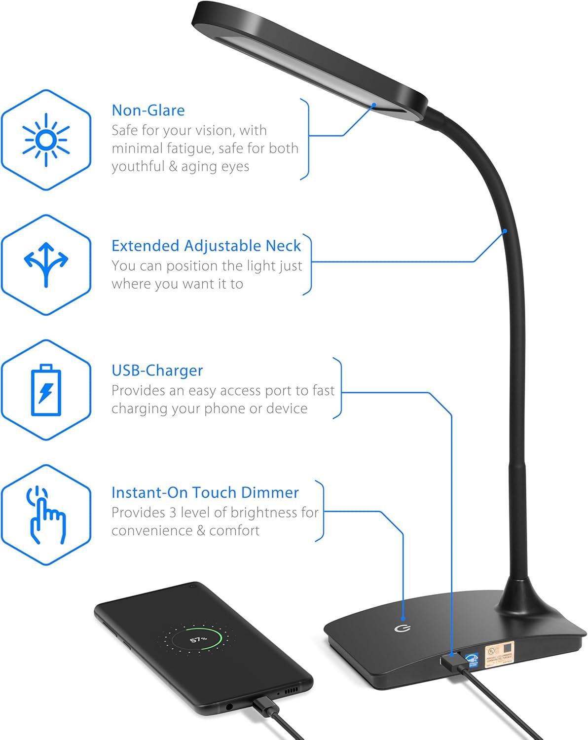 LED Desk Lamp with USB Port for Home Office - Super Bright Small Desk Lamp, a Perfect LED Desk Light as Study Lamp, Bedside Reading Lights (Black)