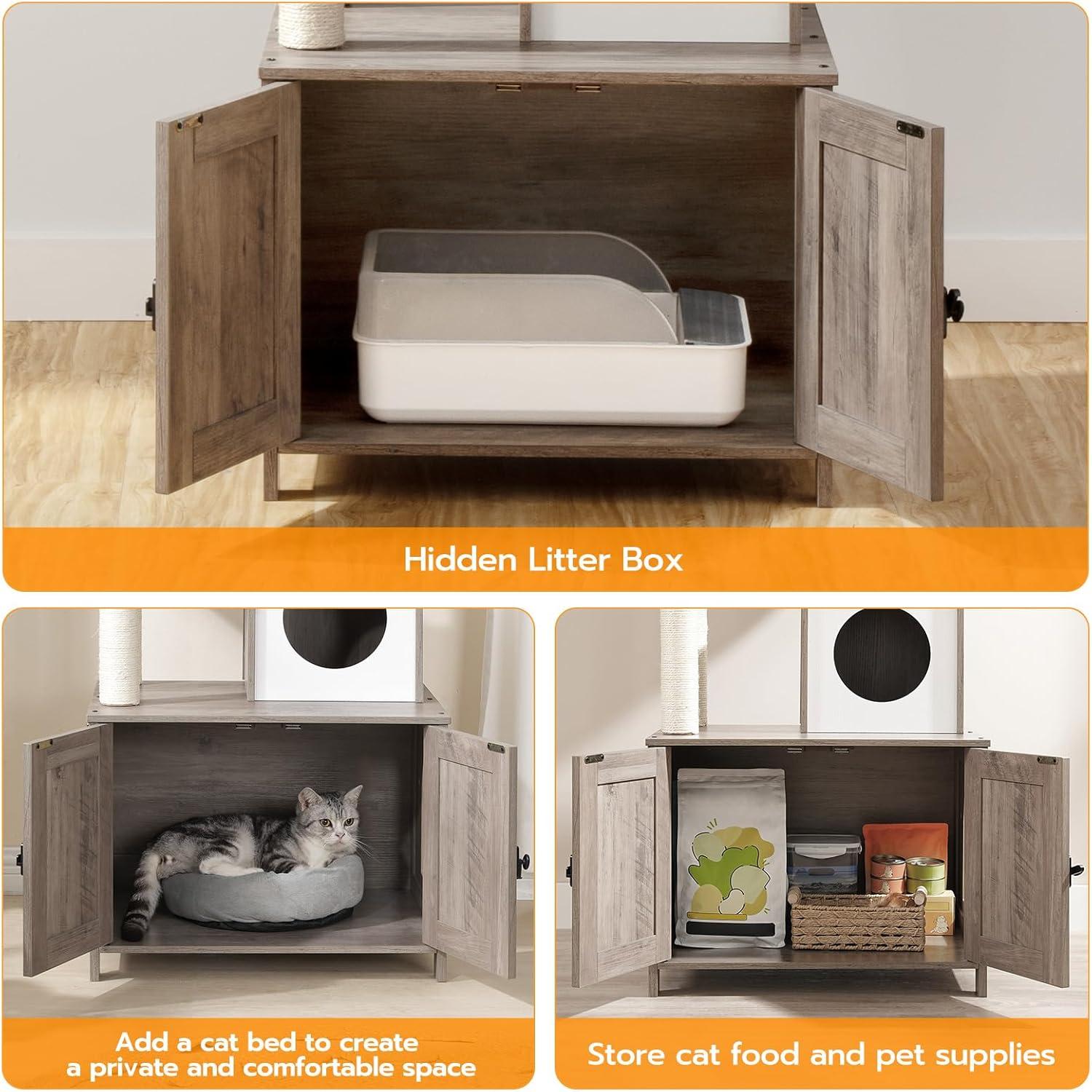 Litter Box Enclosure with Cat Tree, 2-in-1 Cat Tree Tower, Hidden Cat Litter Box Furniture with Scratching Post, Modern Cat Condo, Grey
