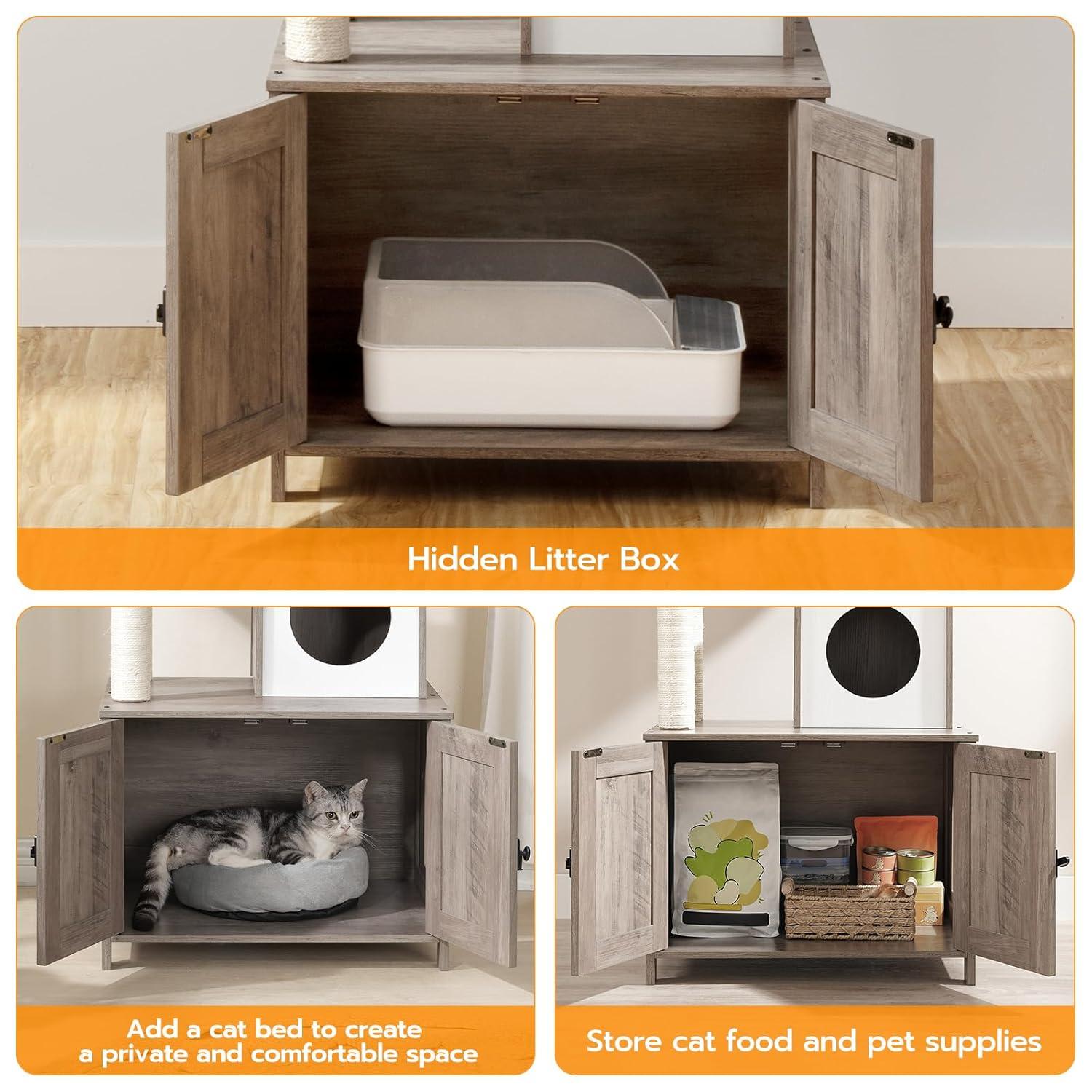 Litter Box Enclosure with Cat Tree, 2-in-1 Cat Tree Tower, Hidden Cat Litter Box Furniture with Scratching Post, Modern Cat Condo, Grey