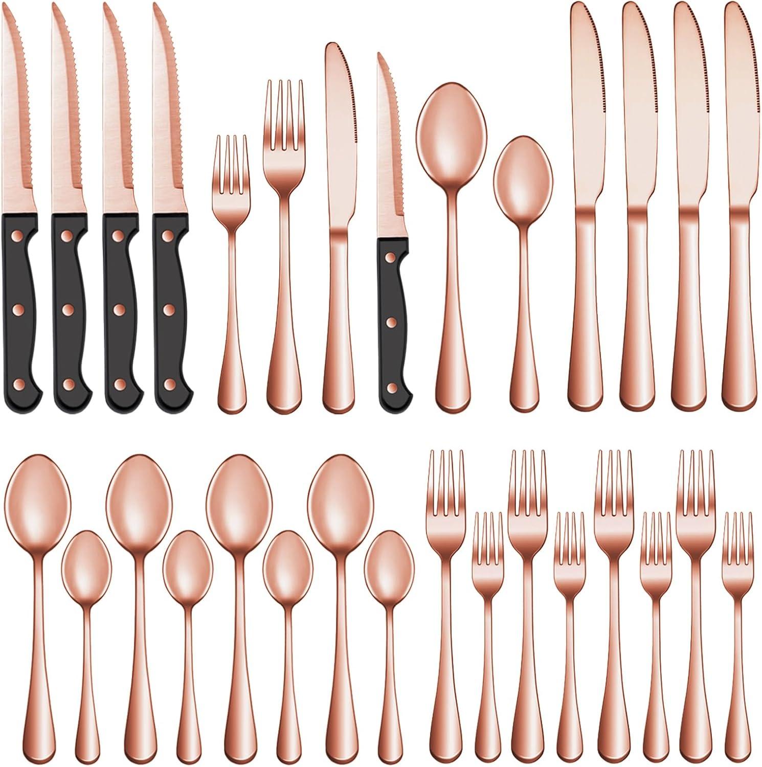 24-Piece Rose Gold Stainless Steel Flatware Set with Steak Knives