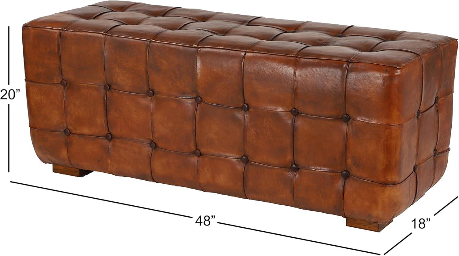 DecMode Teak Wood Tufted Upholstered Leather Bench, Brown