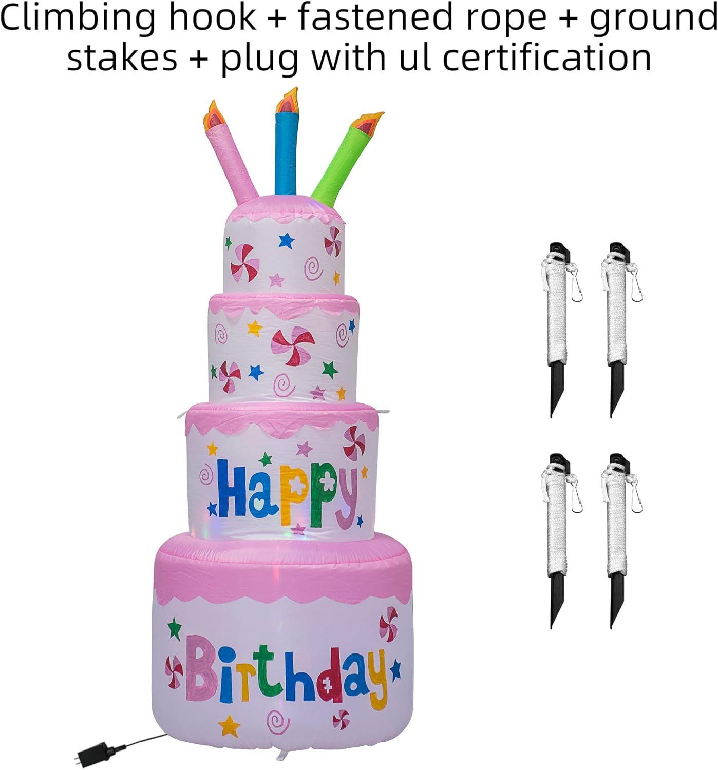 AJY 6 Feet Birthday Inflatable Happy Birthday Inflatable Cake with Candle Blow Up Inflatable Indoor Outdoor Yard Lawn Decoration Clearance