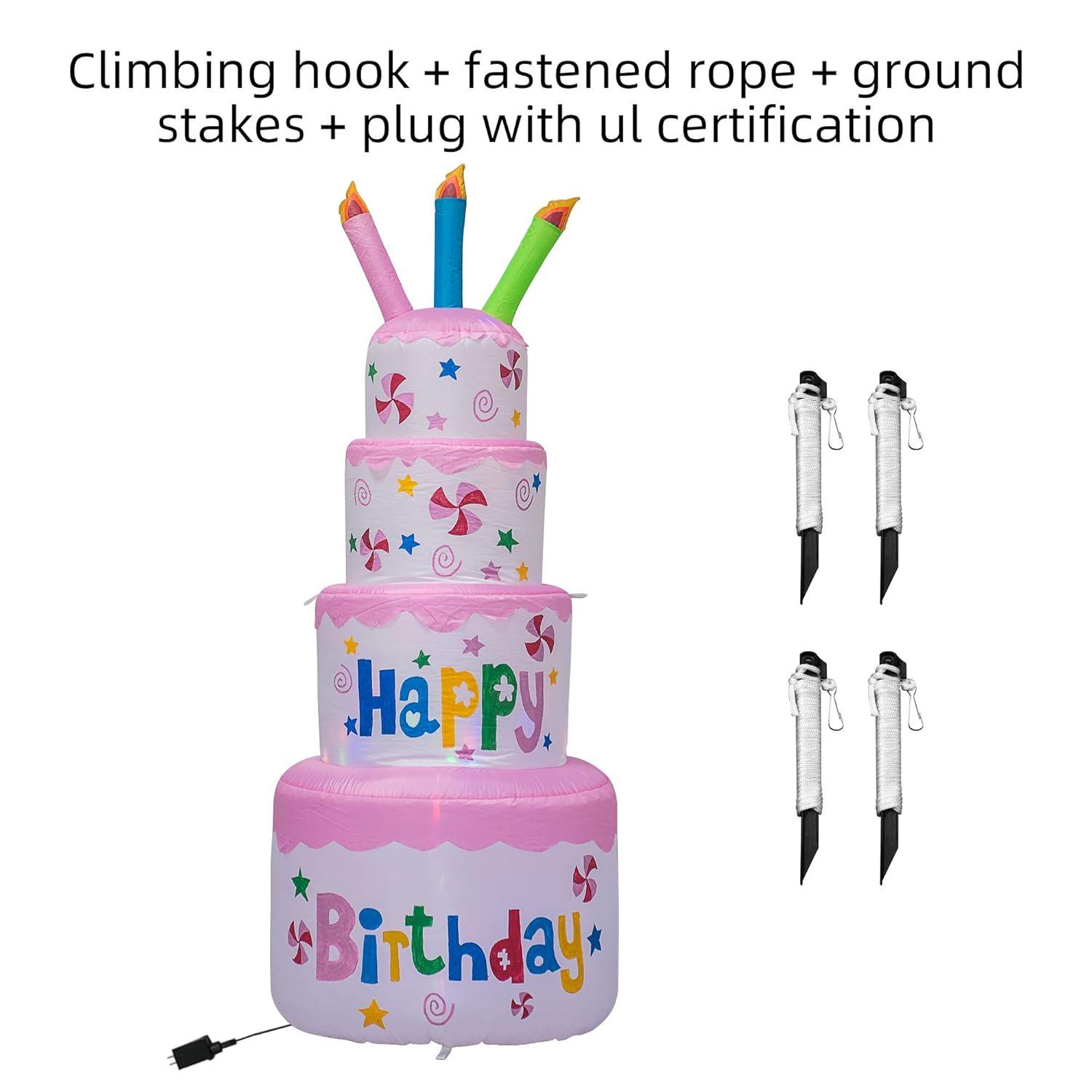 AJY 6 Feet Happy Birthday Inflatable Cake with Candle - Blow Up Indoor/Outdoor Yard Lawn Decoration