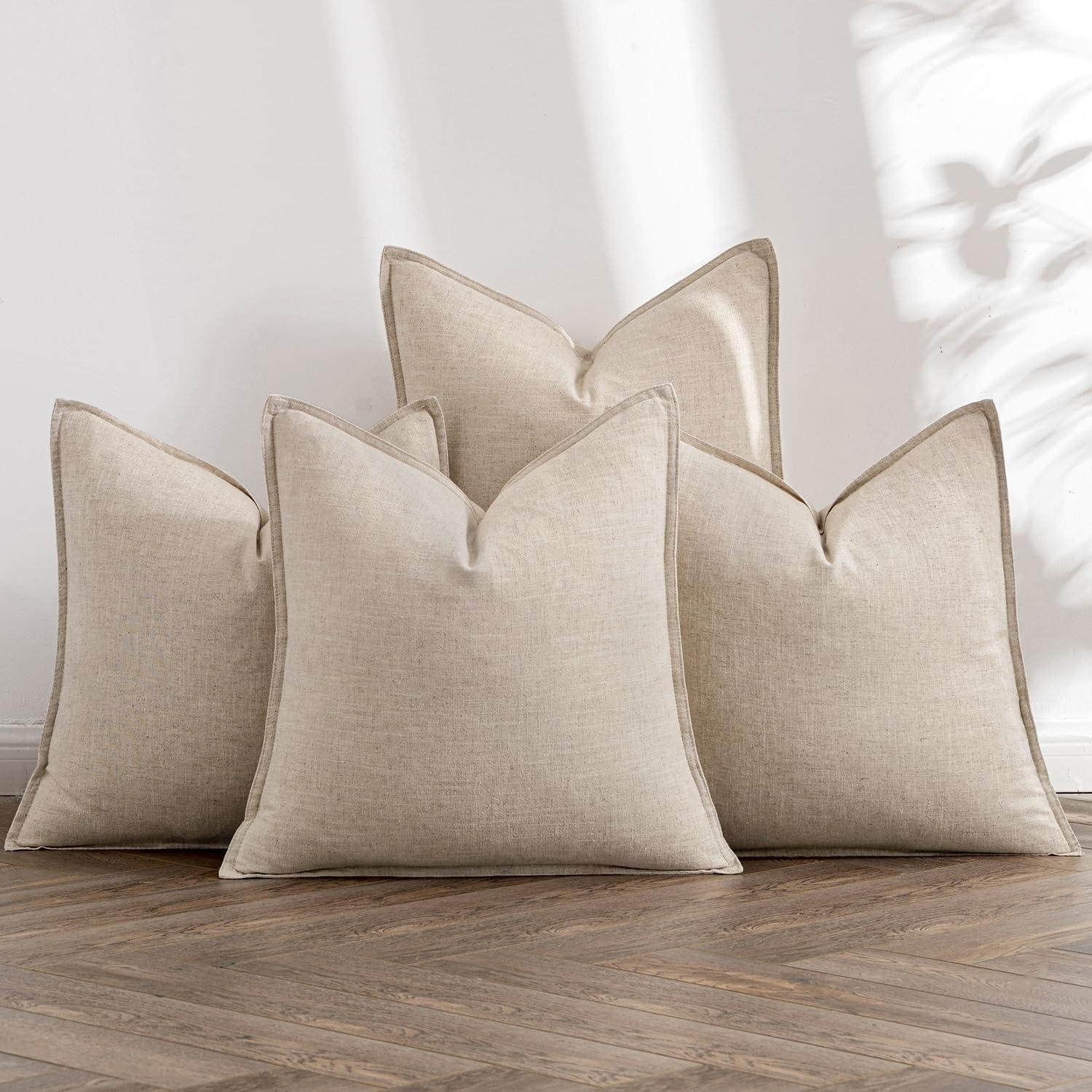 MAGBIX Beige Linen Pillow Covers Pack Of 4 Decorative Natural Solid Throw Pillow Covers Soft Accent Boho Farmhouse Couch Pillowcases Modern Home Decors For Living Room Bed Sofa 18X18 Inch