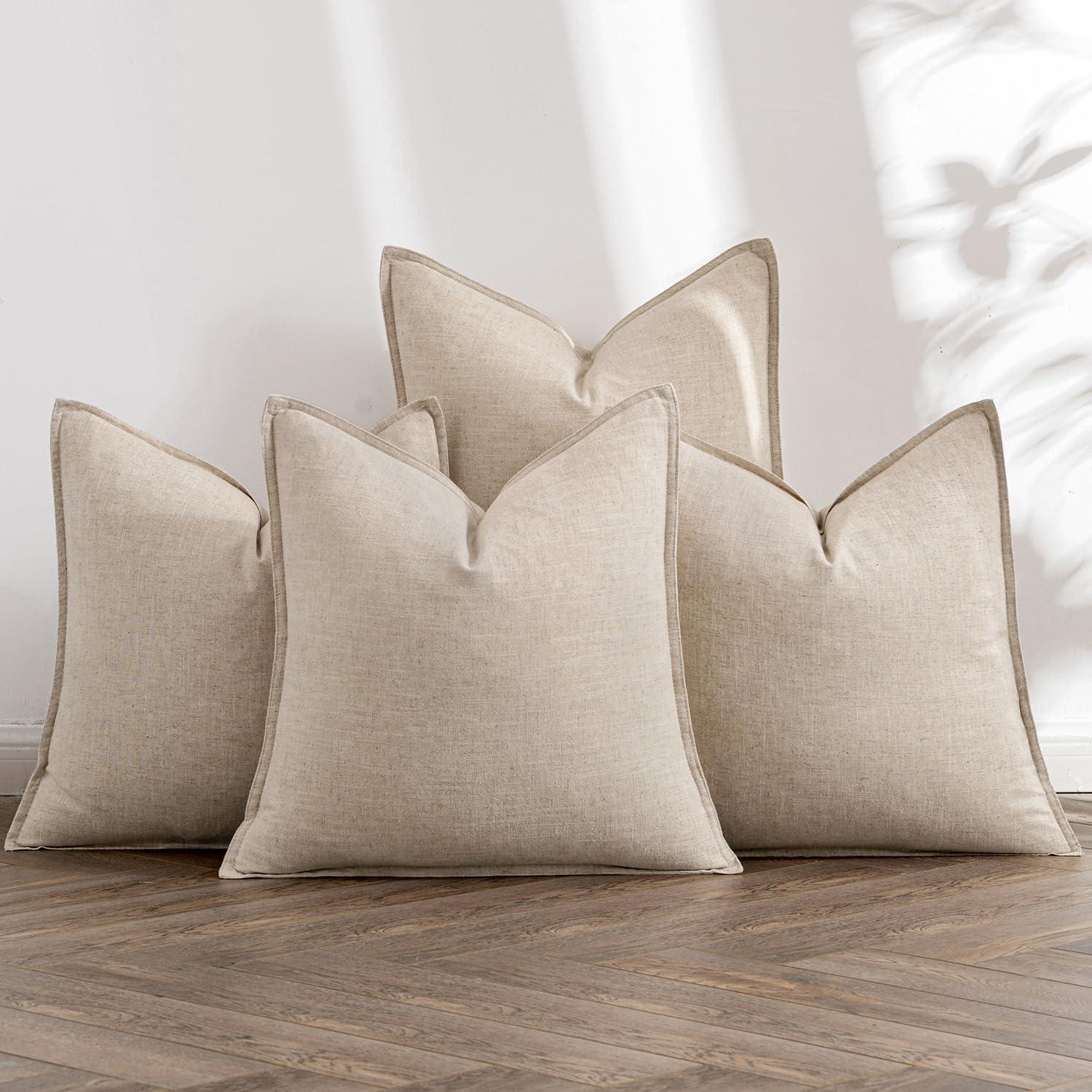 MAGBIX Beige Linen Pillow Covers Pack Of 4 Decorative Natural Solid Throw Pillow Covers Soft Accent Boho Farmhouse Couch Pillowcases Modern Home Decors For Living Room Bed Sofa 18X18 Inch