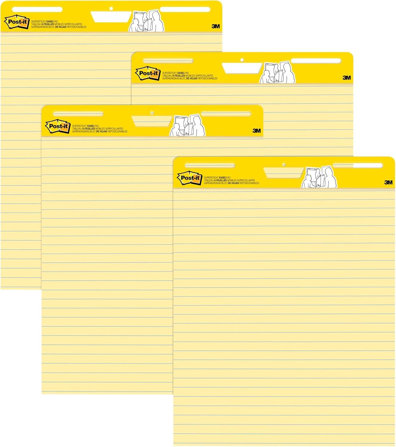 Postit-Vertical-Orientation Self-Stick Easel Pad Value Pack, Presentation Format (1.5" Rule), 25 x 30, Yellow, 30 Sheets, 4/Carton