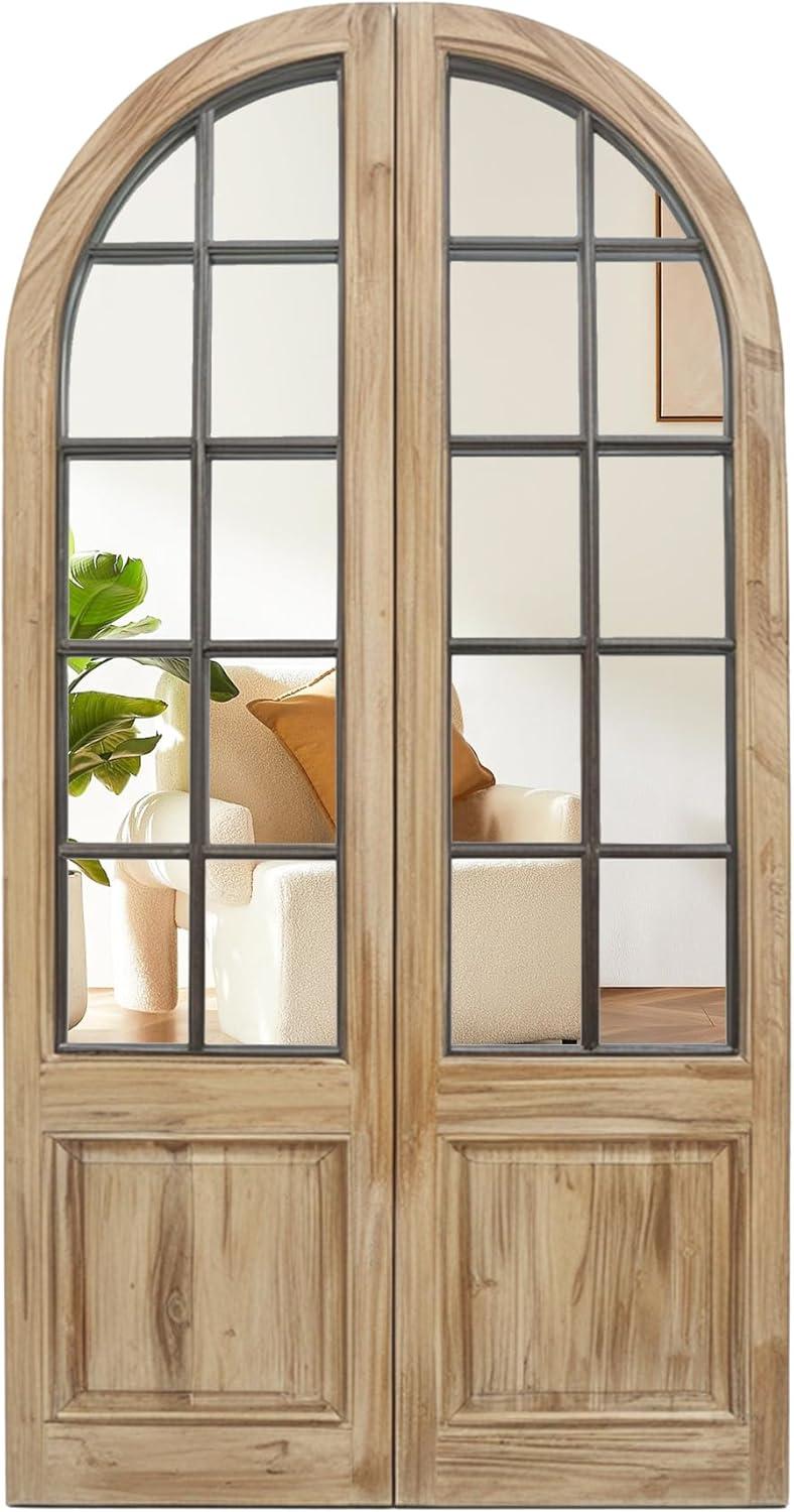 Parisloft Arched Windowpane Wall Mirror Set - 24 x 47.25 Inch, Rustic Wood and Metal Wall Mirror Decor，Farmhouse Mirror for Entryway, Hallway, Living Room