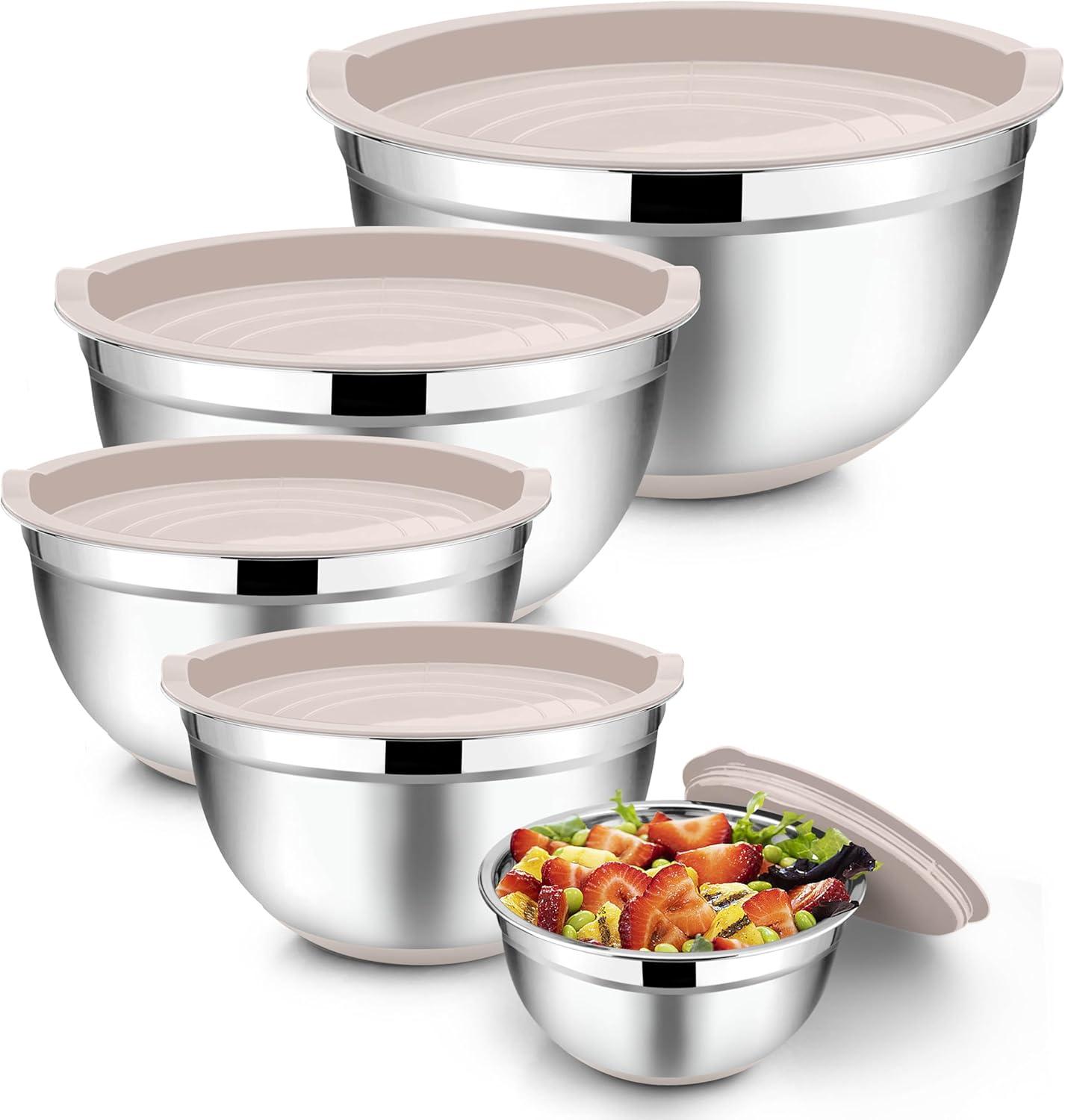 Toledo Bath & Kitchen Stainless Steel Mixing Bowls With Lids, 5-Pack Metal Nesting Bowls With Airtight Covers For Cooking, Baking, Serving, Storage, Non-Toxic & Dishwasher Safe, Size 4.6/3/1.5/1/0.7QT - Khaki