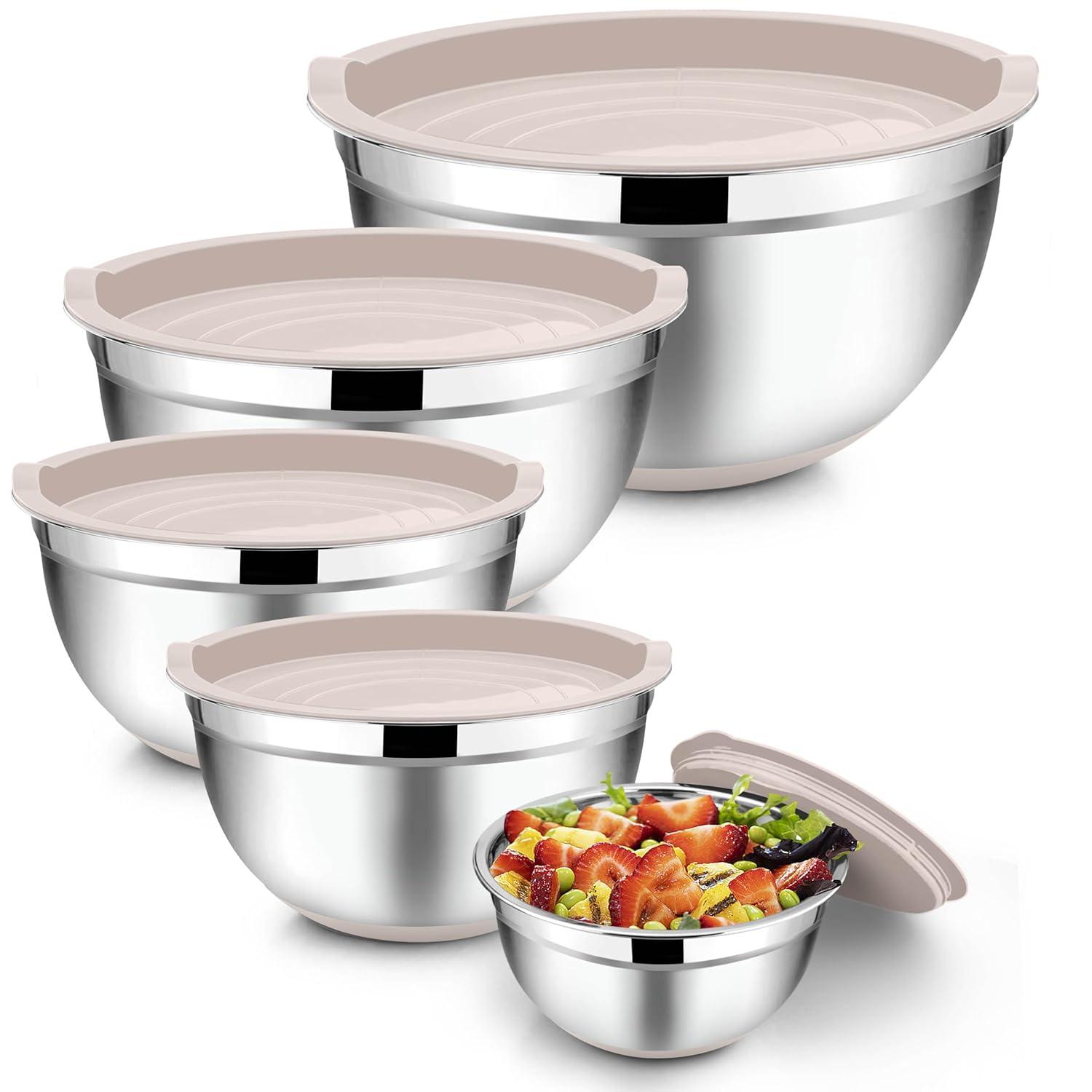 Toledo Bath & Kitchen Stainless Steel Mixing Bowls With Lids, 5-Pack Metal Nesting Bowls With Airtight Covers For Cooking, Baking, Serving, Storage, Non-Toxic & Dishwasher Safe, Size 4.6/3/1.5/1/0.7QT - Khaki