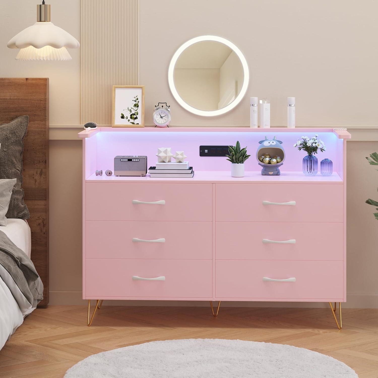 Pink MDF Double Wide Dresser with LED Light and Power Outlet