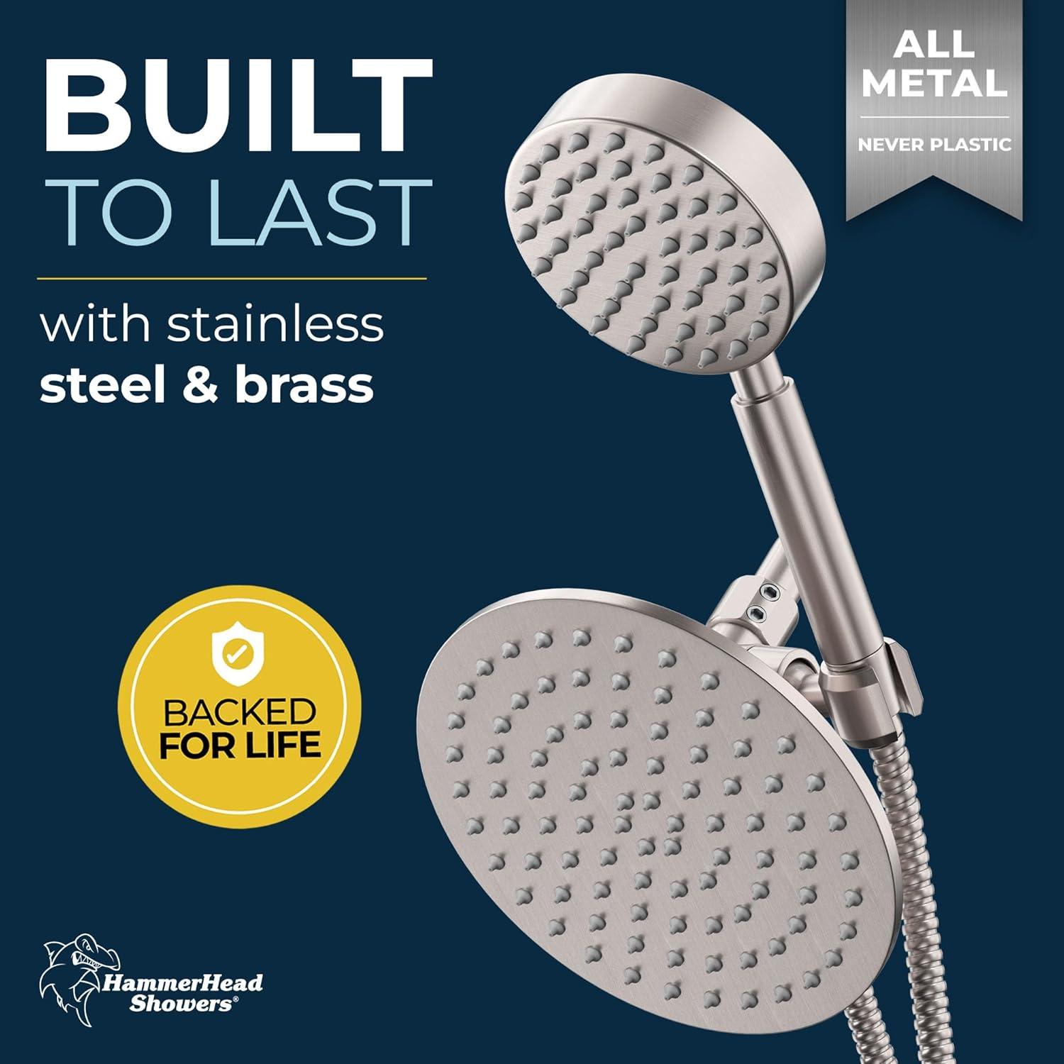 HammerHead Showers® Solid Metal Dual Shower Head Combo – BRUSHED NICKEL – 8 Inch Rainfall High Flow Shower Head & Handheld Shower Head High Pressure with Hose 6ft - Hotel-Like Double Shower Heads