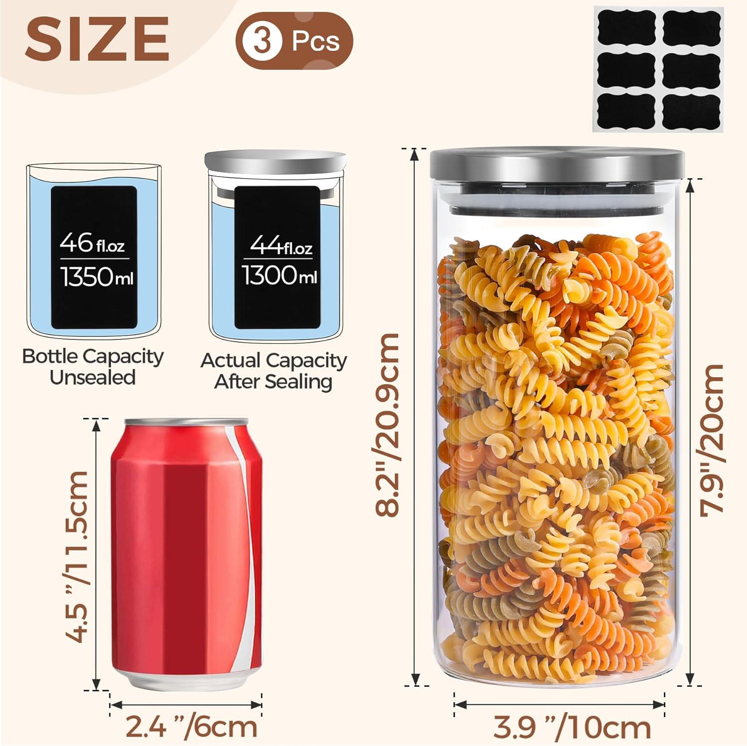 44Oz Glass Storage Containers With Lids, Glass Jars With Lids, Clear Food Storage Jar, Square Glass Canister Set Of 3, Pantry Organizers And Storage For Flour Oat Pasta Tea Cookie Coffee Bean