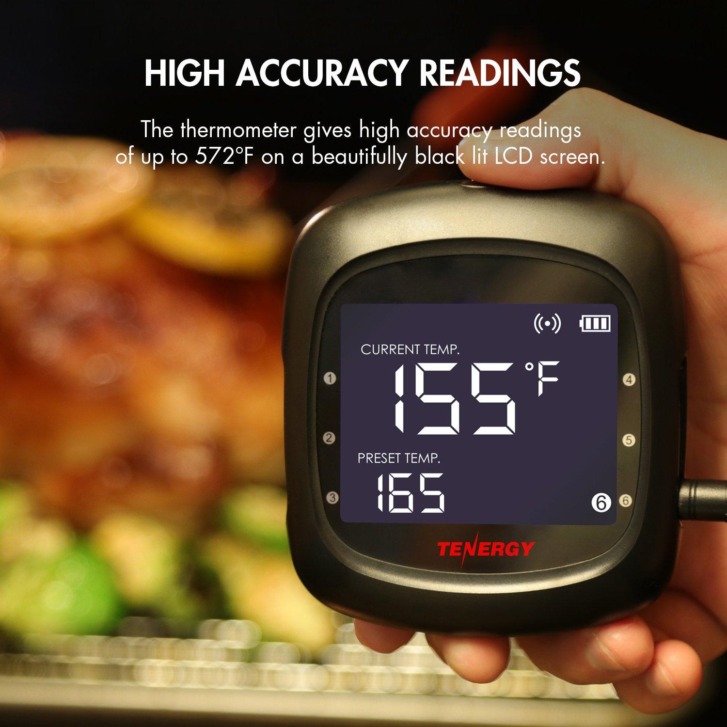 Tenergy Solis Digital Meat Thermometer, APP Controlled Wireless Bluetooth Smart BBQ Thermometer w/ 6 Stainless Steel Probes, Large LCD Display, Carrying Case, Cooking Thermometer for Grill & Smoker