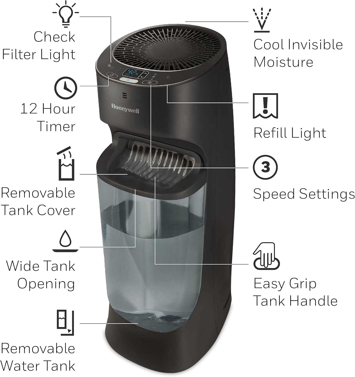 Honeywell Removable Top Fill Tower Humidifier: Cool Mist, 3 Settings, Adjustable Humidity, Portable, Black, ETL Listed