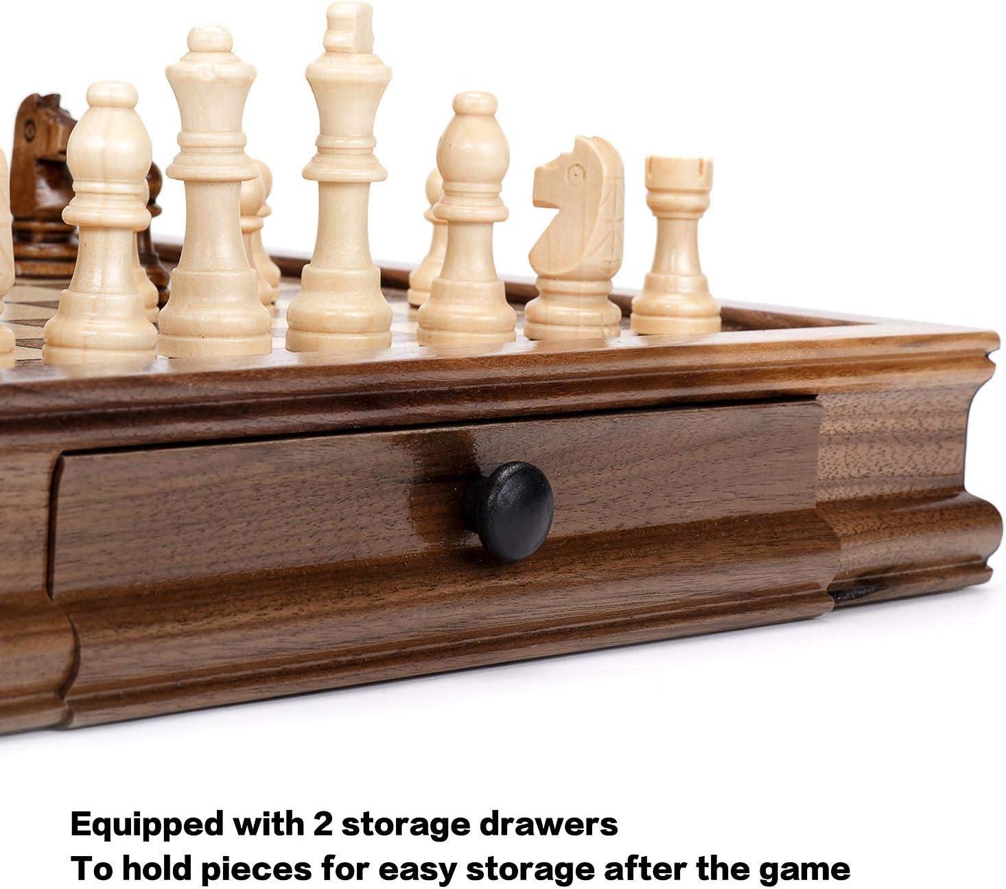 AMEROUS Magnetic Wooden Chess Set, 12.8" x 12.8" Walnut Chess Board Game with 2 Built-in Storage Drawers - 2 Bonus Extra Queens - Chess for Beginner, Kids and Adults, Gift Packaging