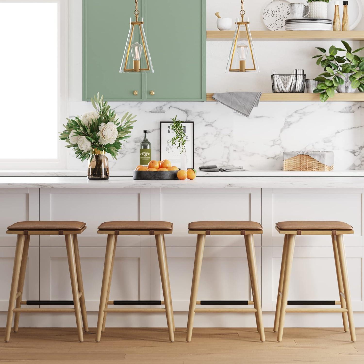 Nathan James Barker Wood Cushioned Counter Height Barstool Warm Pine/Chestnut: Upholstered Rectangle, 250lb Capacity