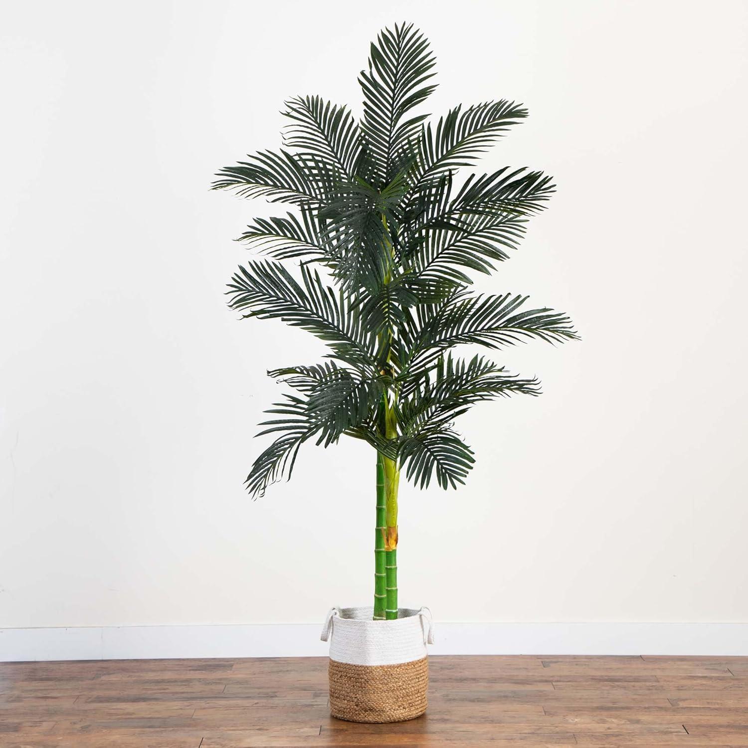 Nearly Natural 8ft. Golden Cane Artificial Palm Tree in Handmade Natural Cotton Planter