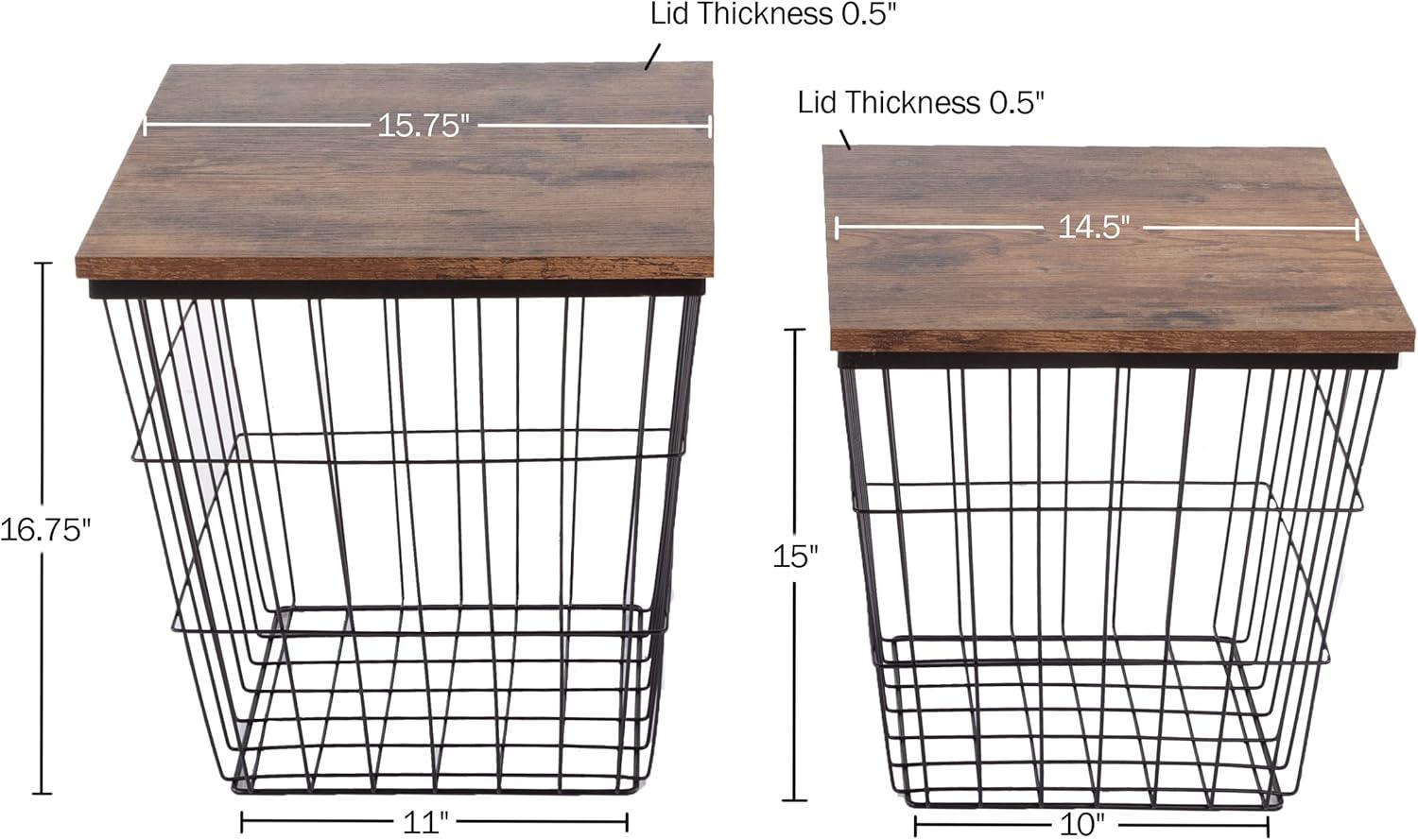 End Table with Storage – Set of 2 Nesting Tables – Square Wire Basket Base and Wood Tops – Industrial Farmhouse Style Side Table by Lavish Home