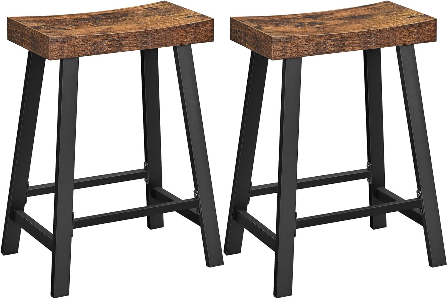 Rustic Brown and Black Industrial Backless Bar Stools, Set of 2