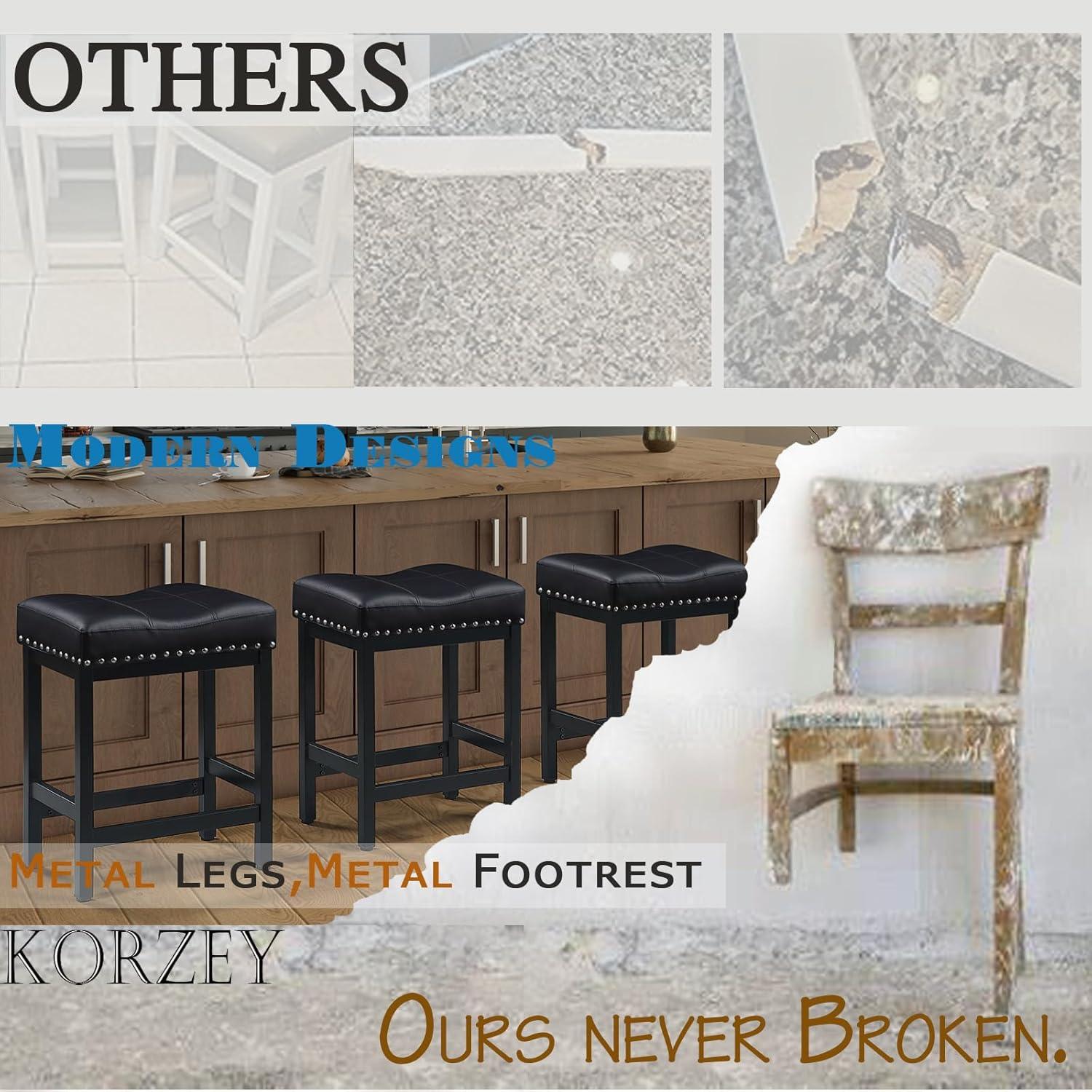 edx Bar Stools Set of 4, Modern Counter Height, 24 Inch Kitchen Barstools with Metal Base, PU Leather Saddle Seats for Kitchen Island, Black