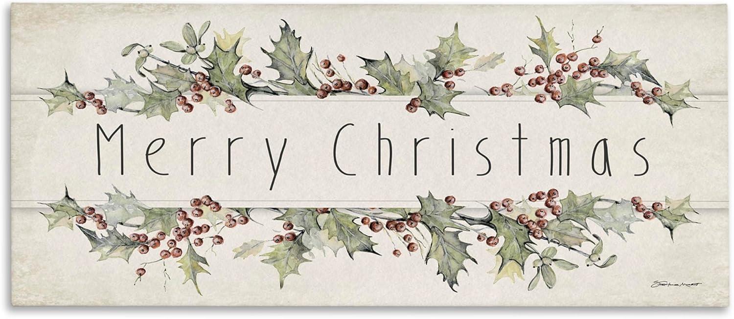 Merry Christmas Holly and Berries Canvas Wall Art