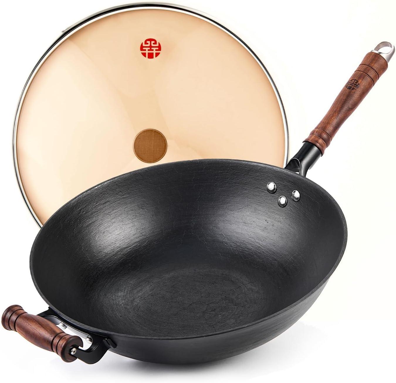 12.6" Handmade Cast Iron Wok - Wooden Lid & Handle, Flat Bottom Pan for All Stoves