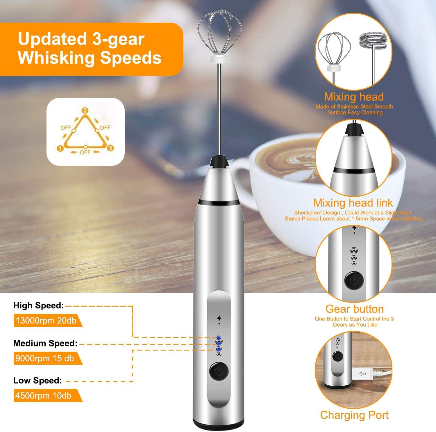 Rechargeable Silver Handheld Milk Frother with Art Stencils