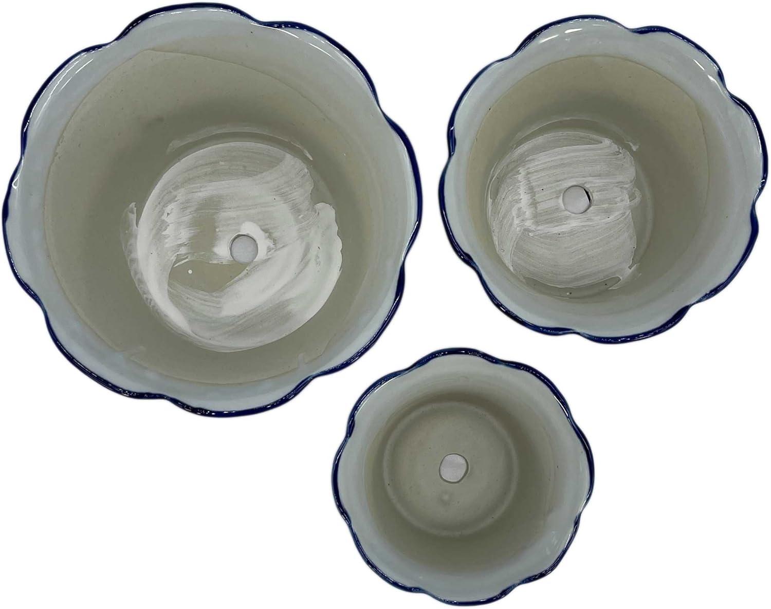 Set of 3 Blue & White Floral Ceramic Pots Ruffled Lip