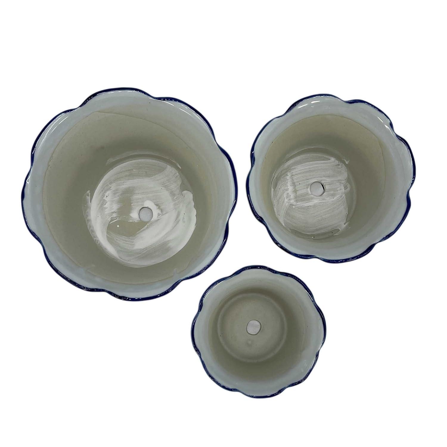 Galt International Blue & White Floral Porcelain Ceramic Decorative Flower Pot 8"/6"/4.5" Garden Pots Chinese Asian Design - Set of 3 Cylinder Fluted Edge