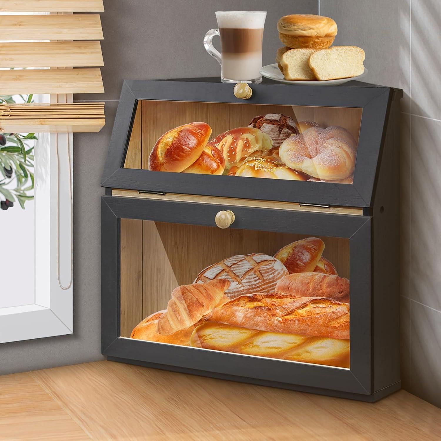 Bamboo Bread Container for Countertop, Double Layer Bread Storage with Acrylic Door Panel, Wooden Large Capacity Storage Bins for Kitchen Pantry Cupboard(Black)