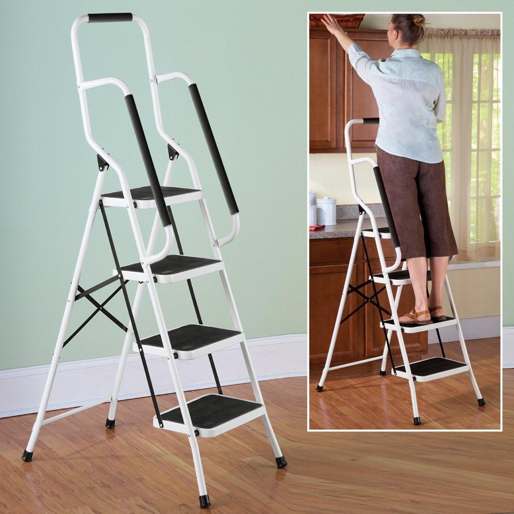 Collections Etc. Folding Anti-Slip Safety Step Ladder with Handrail Grips for Home or Office, Four Steps, 62.5 inches tall, White, White