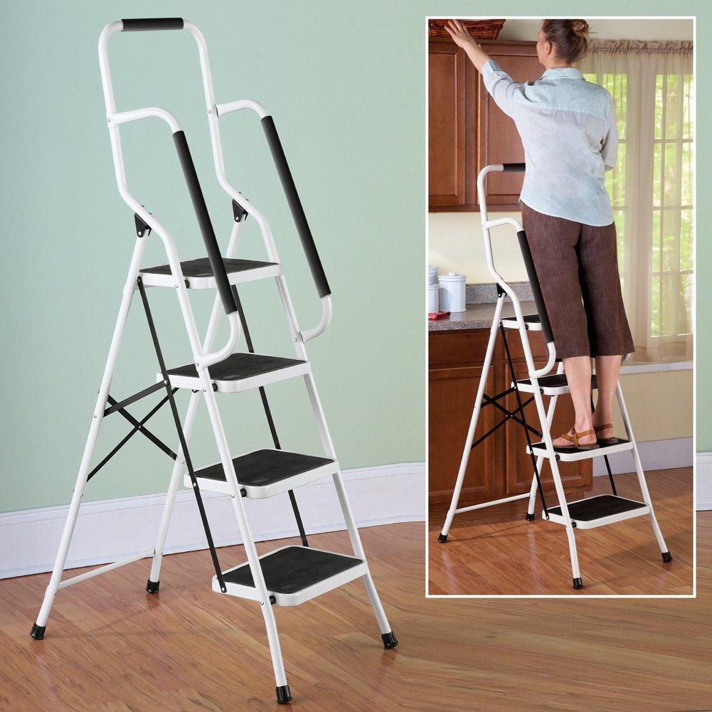 Collections Etc. Folding Anti-Slip Safety Step Ladder with Handrail Grips for Home or Office, Four Steps, 62.5 inches tall, White, White