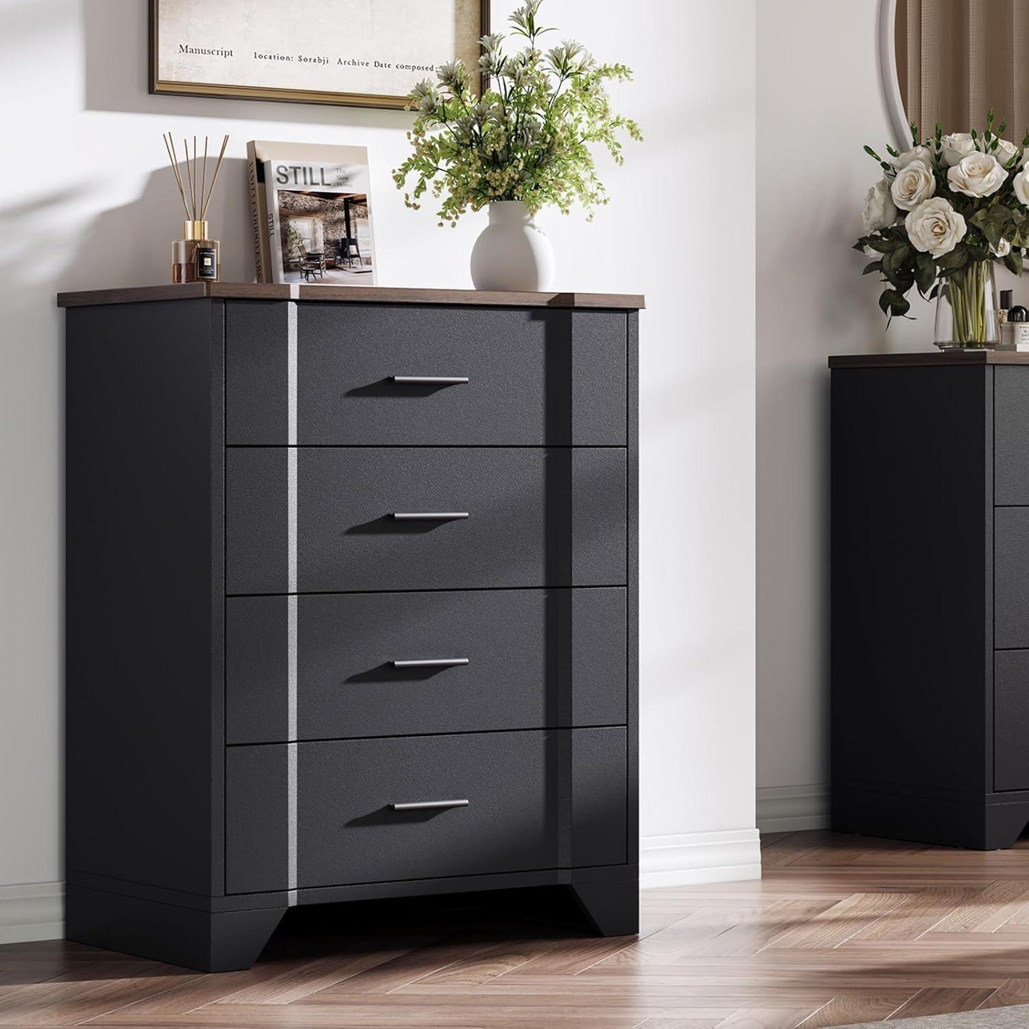 Ebern Designs Farmhouse Cherry Red Curved Tall 4 Drawers Dresser for Bedroom, 4 Chest of Drawers for Closet