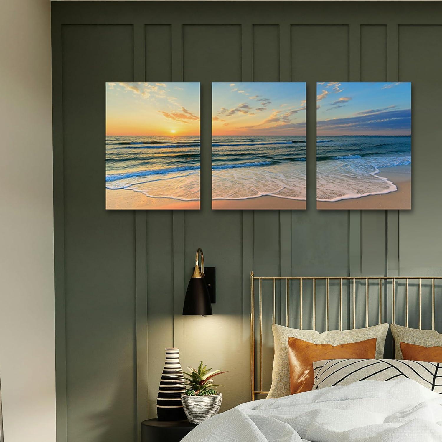 Asdg12s-3 Panel Wall Art Blue Sea Sunset White Beach Painting The Picture Print On Canvas Seascape The Pictures for Home Decor Decoration,Ready to Hang