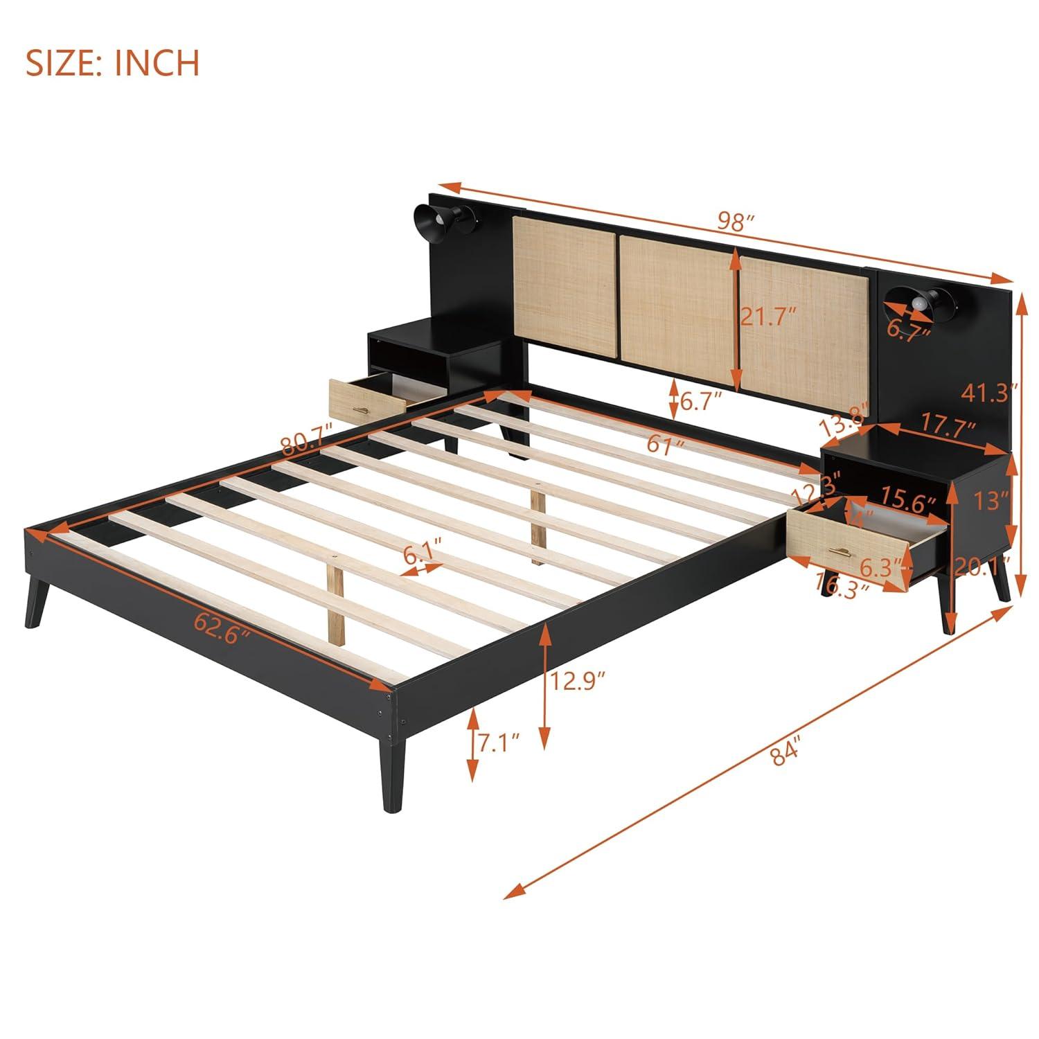 Queen Size Black and Rattan Solid Wood Bed Frame with Nightstands
