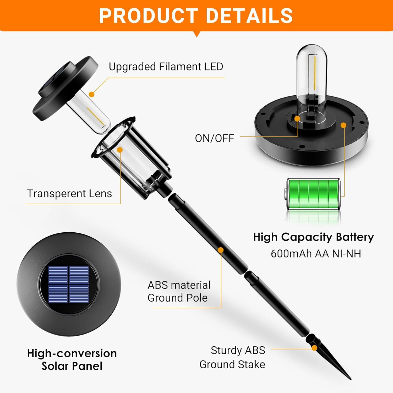 gigalumi 8 Pack Solar Pathway Lights for Garden and Walkway, IP65 Waterproof Outdoor Landscape Lighting, Warm White Solar Powered Decor