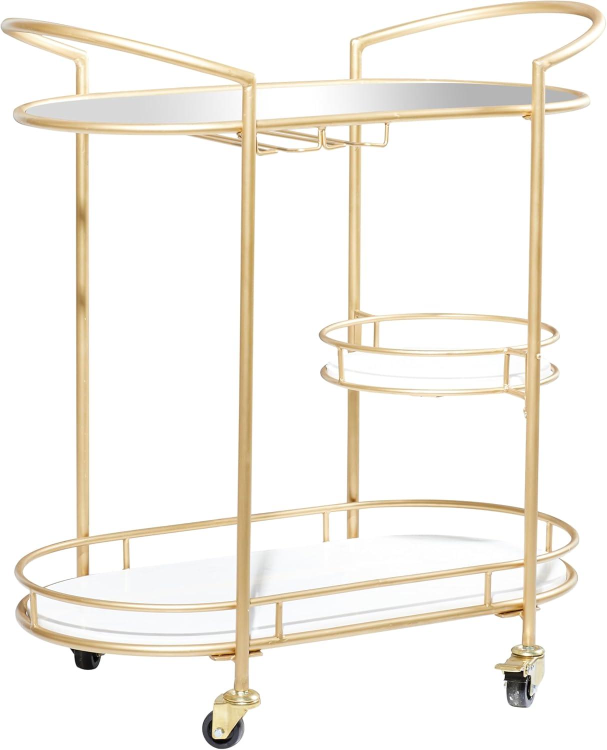 Elegant Gold Oval 3-Tier Marble and Glass Bar Cart with Wheels