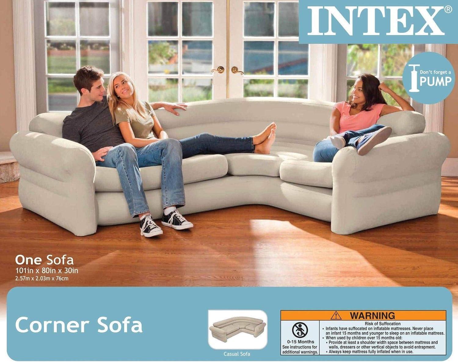 Intex Inflatable Corner Living Room Air Mattress Sectional Sofa Couch, Beige