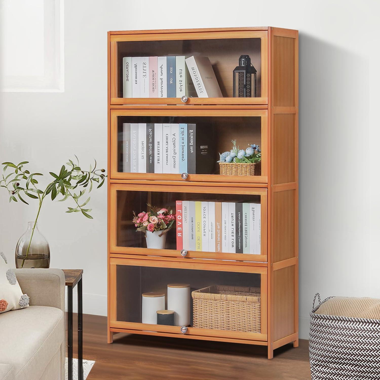 Magshion Bamboo/Acrylic 3 Shelves Bookshelf, with Transparent Door Bookcase, Brown, for Home