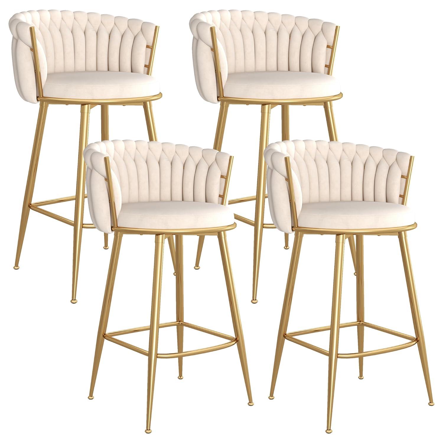 Beige Velvet Counter Stools with Gold Legs Mid Century Modern Bar Stools Set of 2 Upholstered Counter Height Stool Chairs 26 Inch kitchen Island Chairs with Back