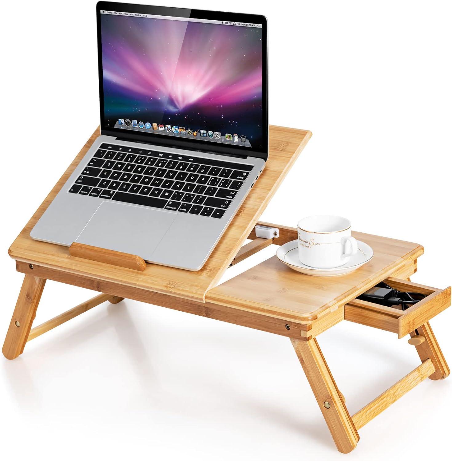 Natural Bamboo Adjustable Laptop Lap Tray with Drawer