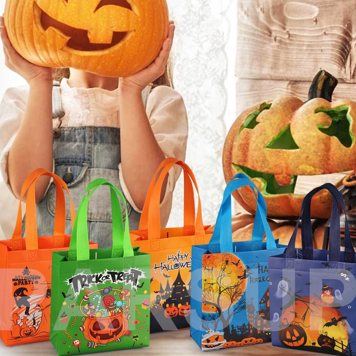 PARSUP Halloween Trick or Treat Bags, 16PCS Small Gift Tote Non-Woven Bags with Handles for Gifts Wrapping, Halloween Party Supplies, 7.9 * 7.9 * 3.15"