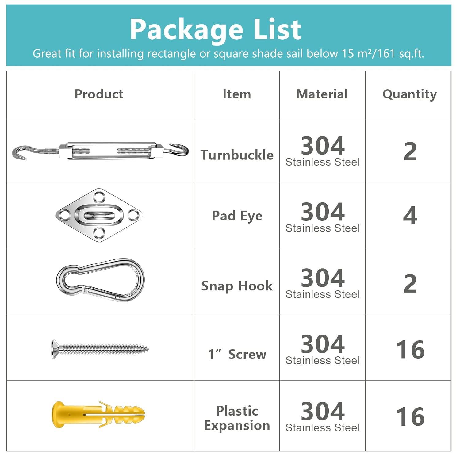 FZENeast Shade Sail Hardware Kit, 5 Inch Super Heavy Duty 304 Marine Grade Stainless Steel Sun Shade Hardware Kit for Triangle/Rectangle/Square Sun Shade Sails Installation (40 PCS)
