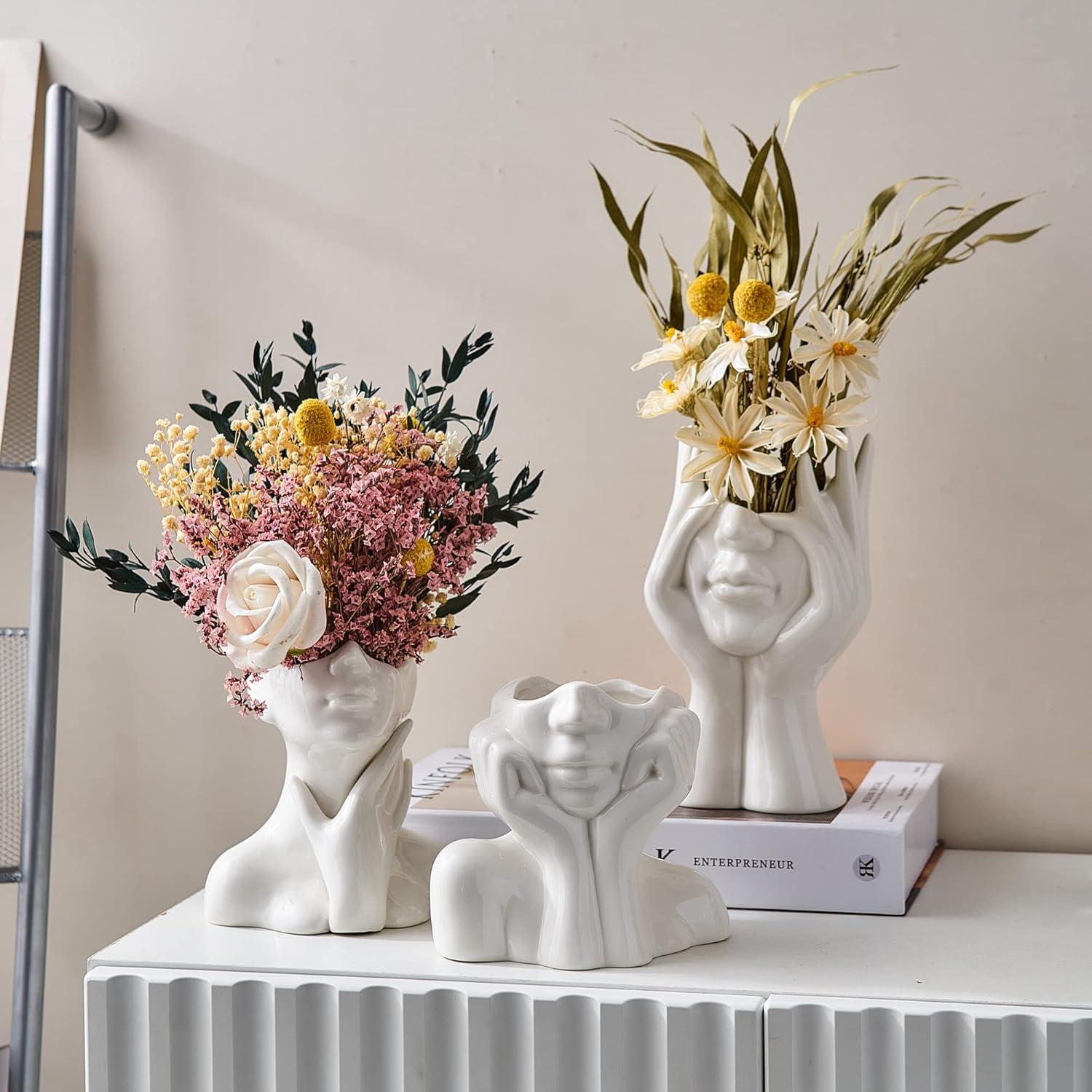 FJS Ceramic Face Vase, White Flower Vase for Decor, 5.3" W x 4.7" H Modern Decorative Vase Centerpiece for Table Shelf Living Room Office Bedroom