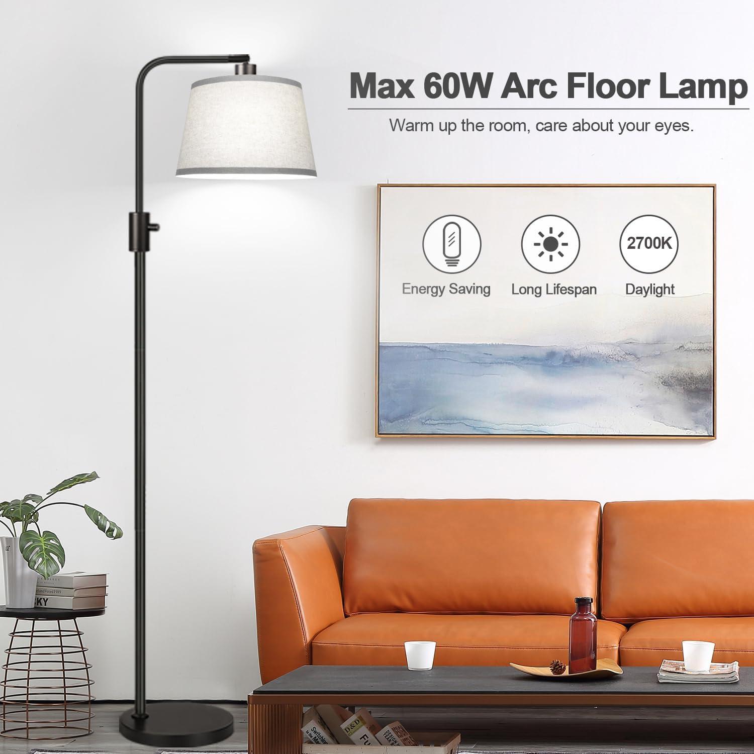 【Upgraded】 Dimmable Floor Lamp, 1000 Lumens LED Edison Bulb Included, Arc Floor Lamps for Living Room Modern Standing Lamp with Gray Shade, Tall Lamps for Living Room Bedroom Office Dining Room